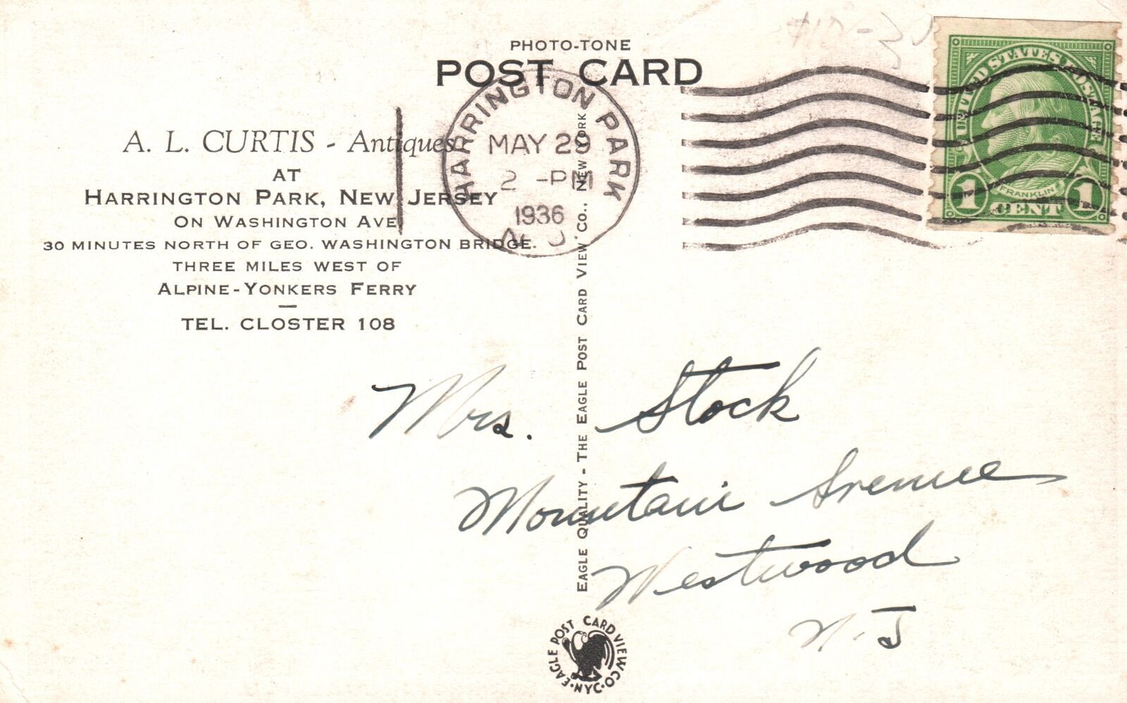 Vintage Postcard 1936 AL Curtis Antiques Furnitures Harrington Park New