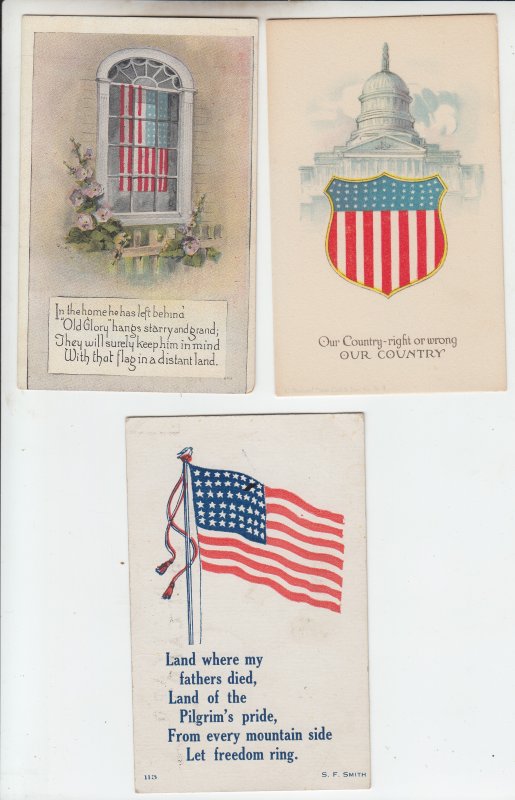 P2095, 3 dif patriotic postcards usa flags etc 1 dated 1923, 2 unused