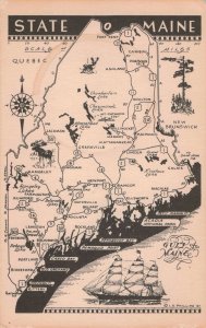 circa 1940's State of Maine Map Sailing Ship Postcard 2R5-453