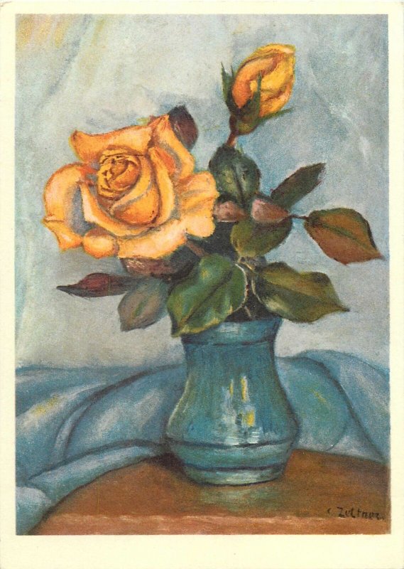 Postcard Artist signed painting rose vase