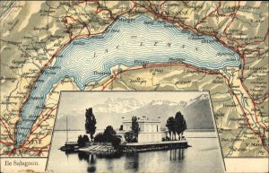 Lac Leman Ile Salagnon Switzerland - Beautiful MAP BORDER c1910 Postcard #1