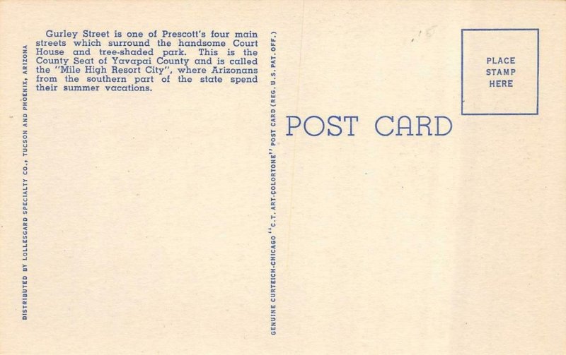 PRESCOTT, AZ Arizona  GURLEY STREET SCENE Karl's~Transit Bus  c1940's Postcard