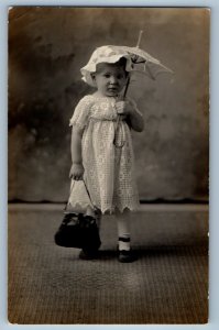 c1910's Little Girl Cena Parker With Umbrella Studio RPPC Photo Antique Postcard