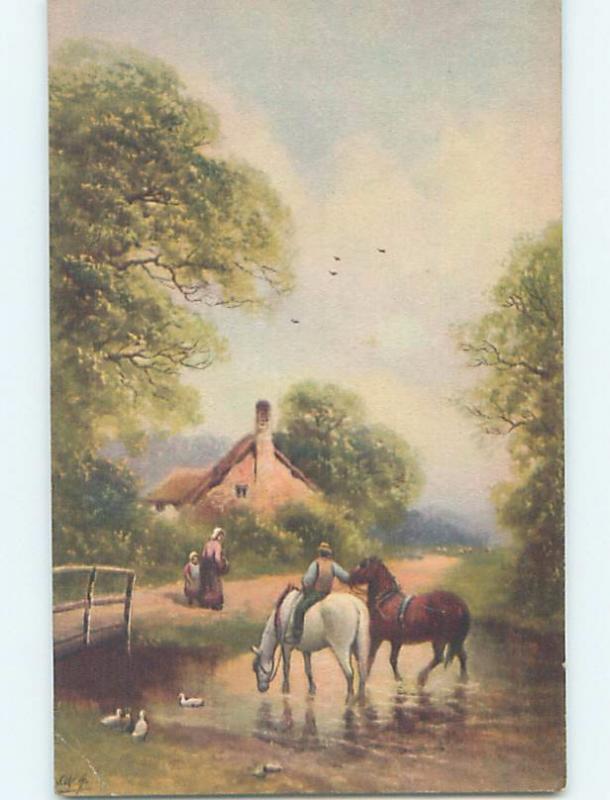 Pre-Linen foreign signed MAN RIDING HORSES WALKING IN THE RIVER HL8333
