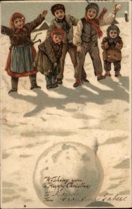 Christmas Children Building Snowman Snowballs Int'l Art c1910 Postcard