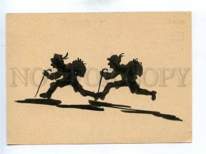 195780 GERMANY traveling gnomes silhouette hand paint postcard