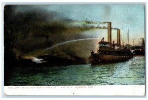 c1905 Fire Boat Action North River Hoboken Fire North Dakota ND Vintage Postcard