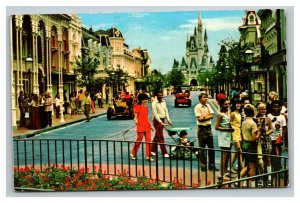 Vintage 1975 Postcard Walt Disney World Main Street USA Cinderella's Castle Cars