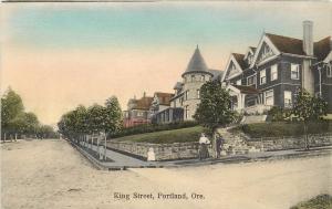 Hand Colored Postcard King Street Portland Oregon Residential street Scene