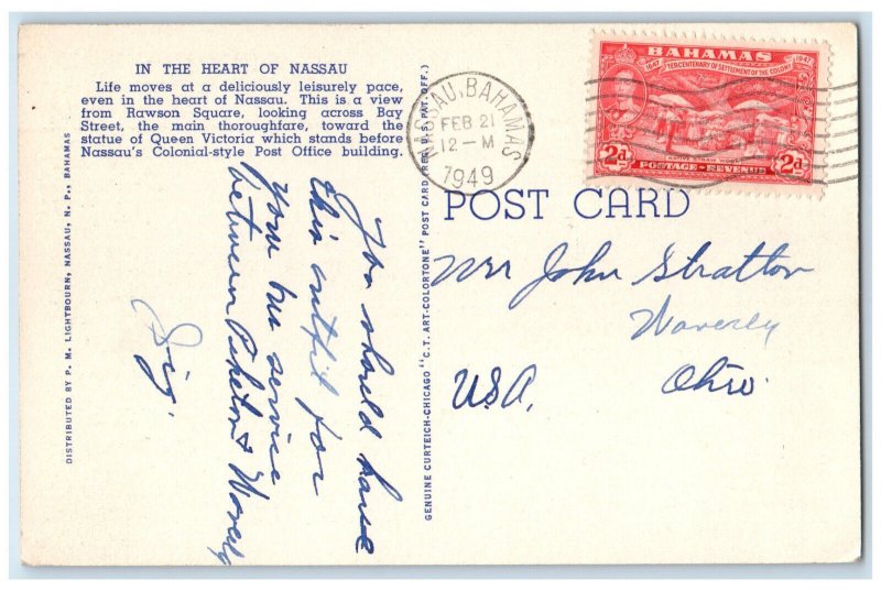 1949 Statue of Queen Victoria and Public Buildings Nassau Bahamas Postcard