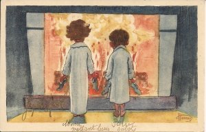 Little Girl & Boy Wait for Santa Claus, Artist Signed, Christmas, Xmas 1943