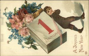 New Year - Boy Carrying Giant Calendar & Flowers on Back c1910 Postcard