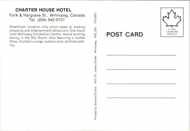 Winnipeg, Canada  CHARTER HOUSE HOTEL  Pool & Rib Room Restaurant  4X6 Postcard