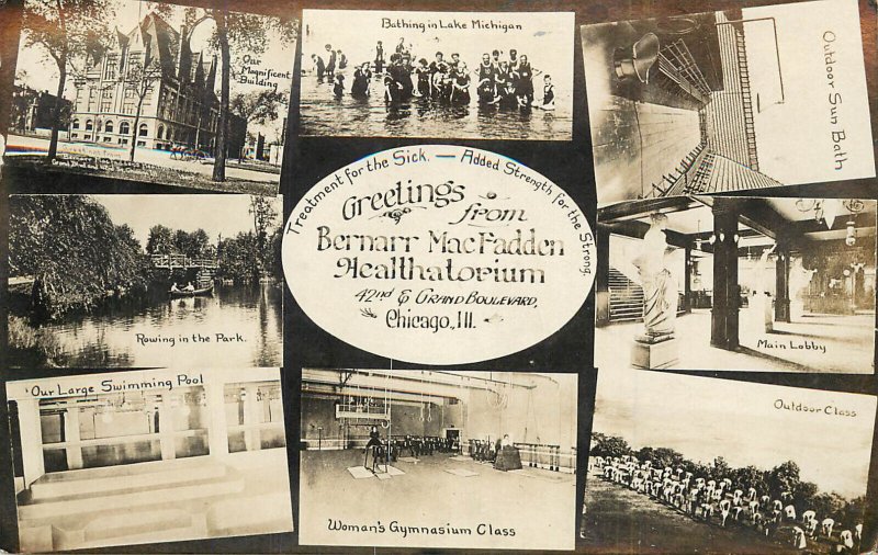 RPPC Multiview Postcard Bernarr Macfadden Healthatorium Chicago IL Swimming Pool