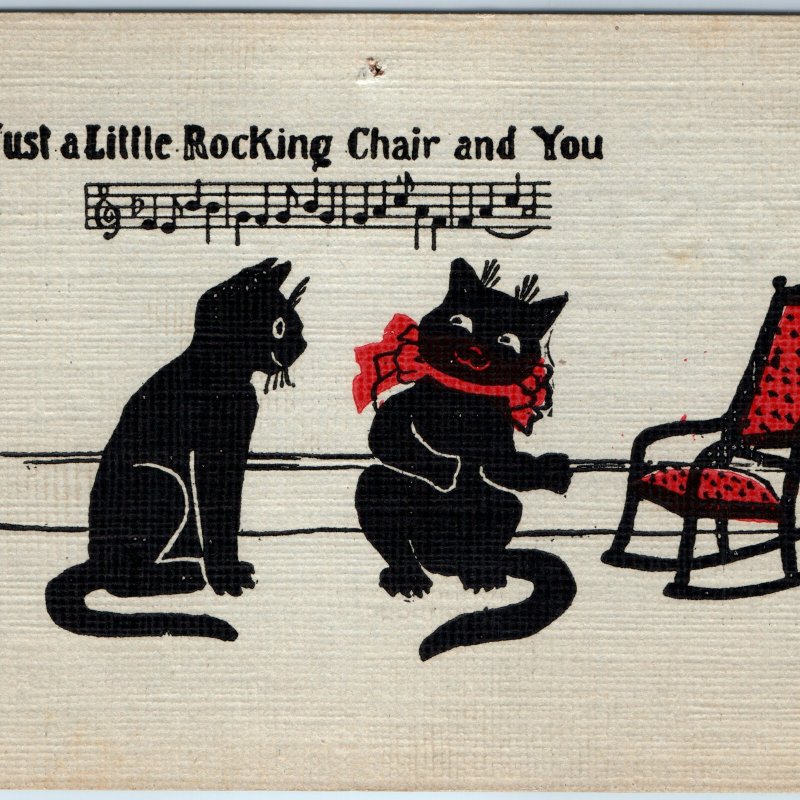 c1900s Black Cat Couple Rocking Chair Comic Art Romance PC Humor Cute Love A19