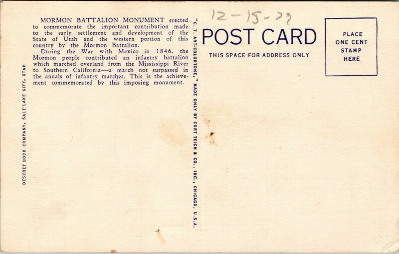 Vtg Salt Lake City UT Mormon Battalion Monument State Capitol 1930s ...