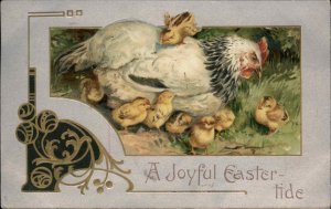 Easter Embossed Gilt Border Mother Hen Chicks c1900-20S Vintage Postcard