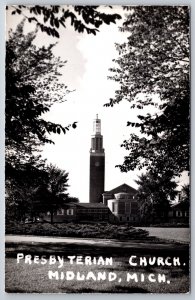 Midland MI Tall Tower of Presbyterian Church Framed by Trees~1950s RPPC Postcard