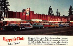 HARRAH'S CLUB Neon Roadside LAKE TAHOE Cars Stateline, NV 1950s Vintage Postcard