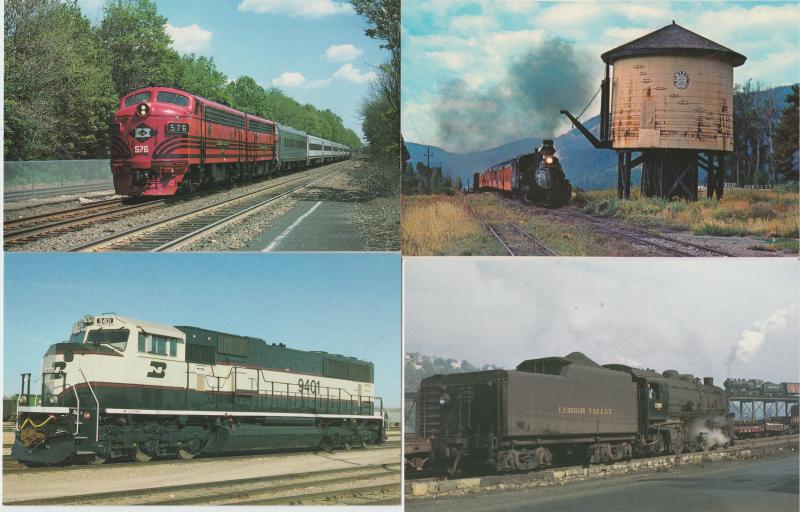 Lot of 4 Train Postcards RPPC Railroad Burlington Northern Lehigh Valley