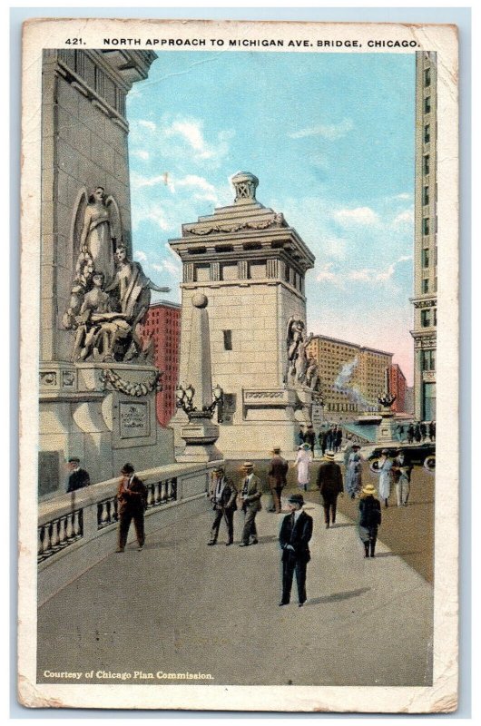 1921 North Approach to Michigan Avenue Bridge Chicago Illinois IL Postcard