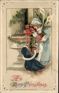 Winsch Christmas Woman and Little Girl Carry Flowers c1910 Postcard