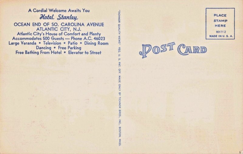 NJ Atlantic City New Jersey-Stanley Hotel-Vintage Linen Postcard (E18)
