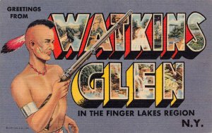 Large Letter: Greetings From Watkins Glen, N.Y., Linen Postcard, Used in 1953