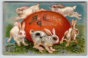 Easter Postcard Bunny White Rabbits Prance Around Egg John Winsch Back Germany