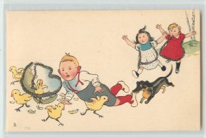 Easter Postcard Children And Dachshund Dog Chicks Run Broken Egg 5 2756 FMK 103