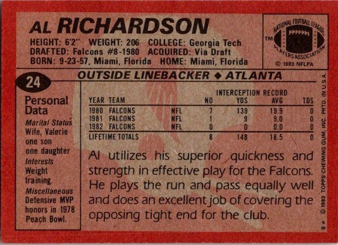 1983 Topps Football Card Al Richardson Atlanta Falcons