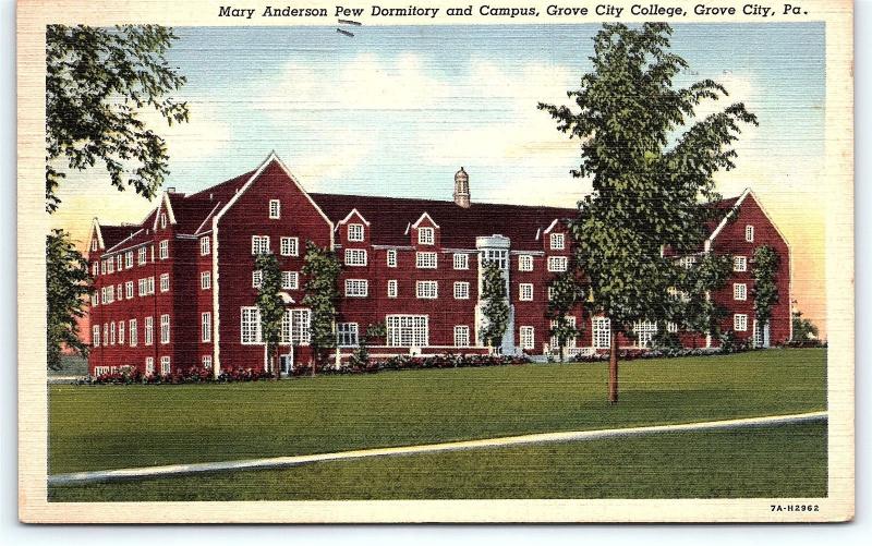 Postcard PA Grove City College Mary Anderson Pew Dormitory Campus Linen  R42