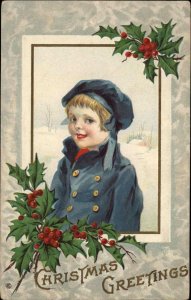 CHRISTMAS Little Boy in Blue HOLLY BORDER c1910 Postcard