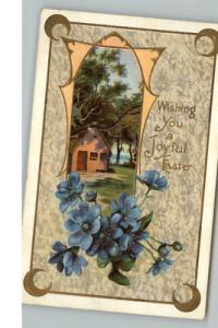 Easter Embossed Flowers Gilt Border c1910 Postcard