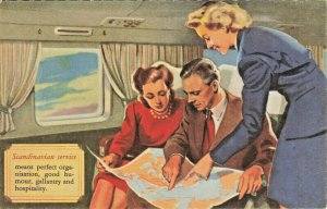 Scandinavian Airlines Interior Airplane View Stewardess Postcard