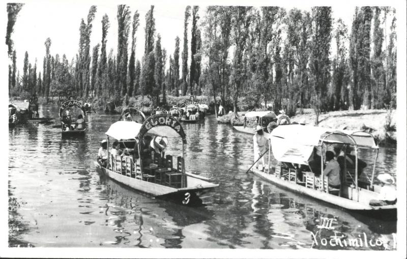 Xochimilco D.F. Mexico Boats Stream Vintage Real Photo RPPC Postcard D2