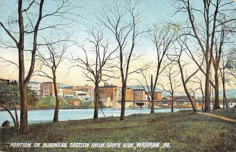 Warren Pennsylvania Business Section Waterfront Antique Postcard K79843