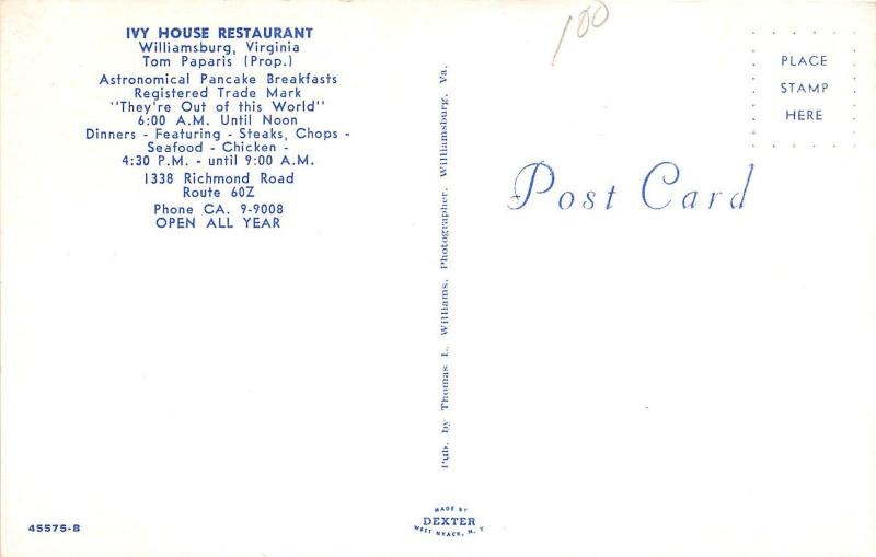 C57/ Williamsburg Virginia Va Postcard c50s Astronomical Pancakes Ivy House