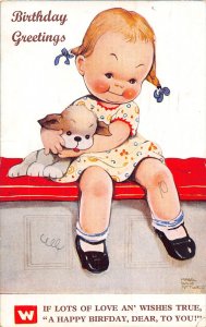 L481 Birthday Greetings Little Girl and Puppy signed ML Attwell vintage postcard