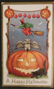 1910 Witch, Jack-O'-Lantern Halloween Postcard from Chicago, IL to Schohani, NY