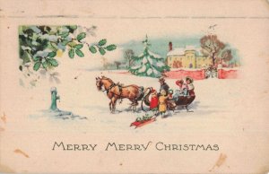 Circa 1925 Christmas Horse Sleigh Children Sled Winter Scene Well Postcard 