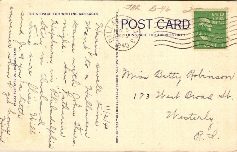 Equestrian Statue Robert E Lee Dallas Texas TX Linen Postcard PM Cancel WOB Note 