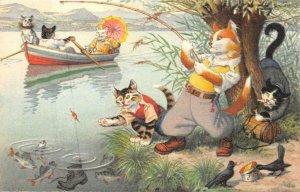 CATS FISHING UMBRELLA SHOE COMIC DRESSED ANIMALS MAINZER 4730 POSTCARD (1940s)