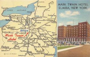 Elmira New York~Mark Twain Hotel & Map~Cars in Driveway~1940s Linen Postcard
