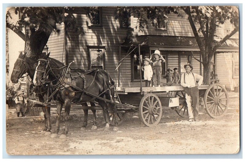 c1918 Horse Wagon Children Boys Girls Man RPPC Photo Unposted Postcard 