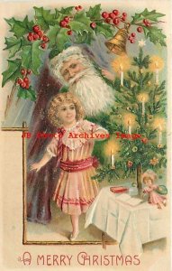 Christmas Santa, BW No 298-2, Candle Lit Tree, Doll, Girl, Holly, Bell