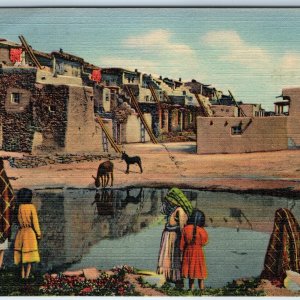 c1940s Laguna, NM Pueblo of Acoma Linen Postcard Native Adobe Home Sky City A90