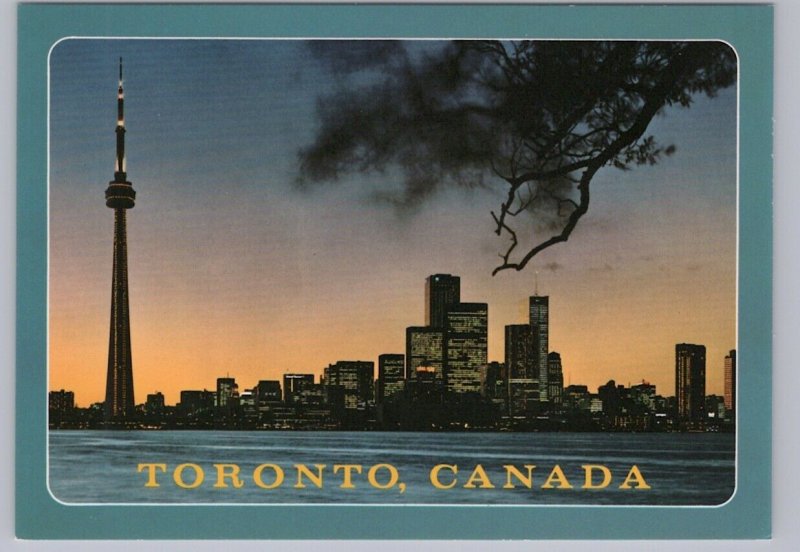 CN Tower, Skyline At Dusk, Toronto, Ontario, Chrome Postcard