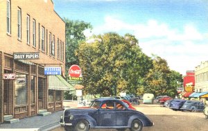 Plymouth NH Main Street Western Union Coca-Cola Sign Old Cars, Linen Postcard