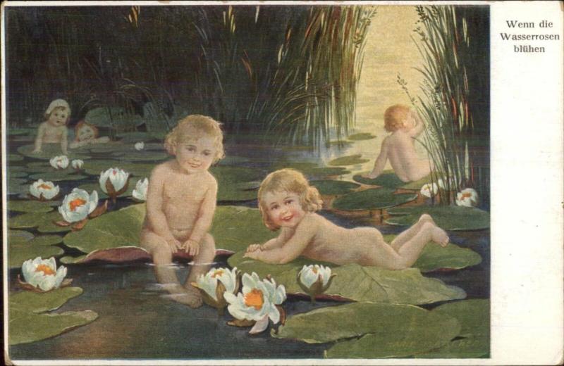 Bare Butt Babies on Lily Pads Fantasy SEE MARCHEN c1910 Postcard